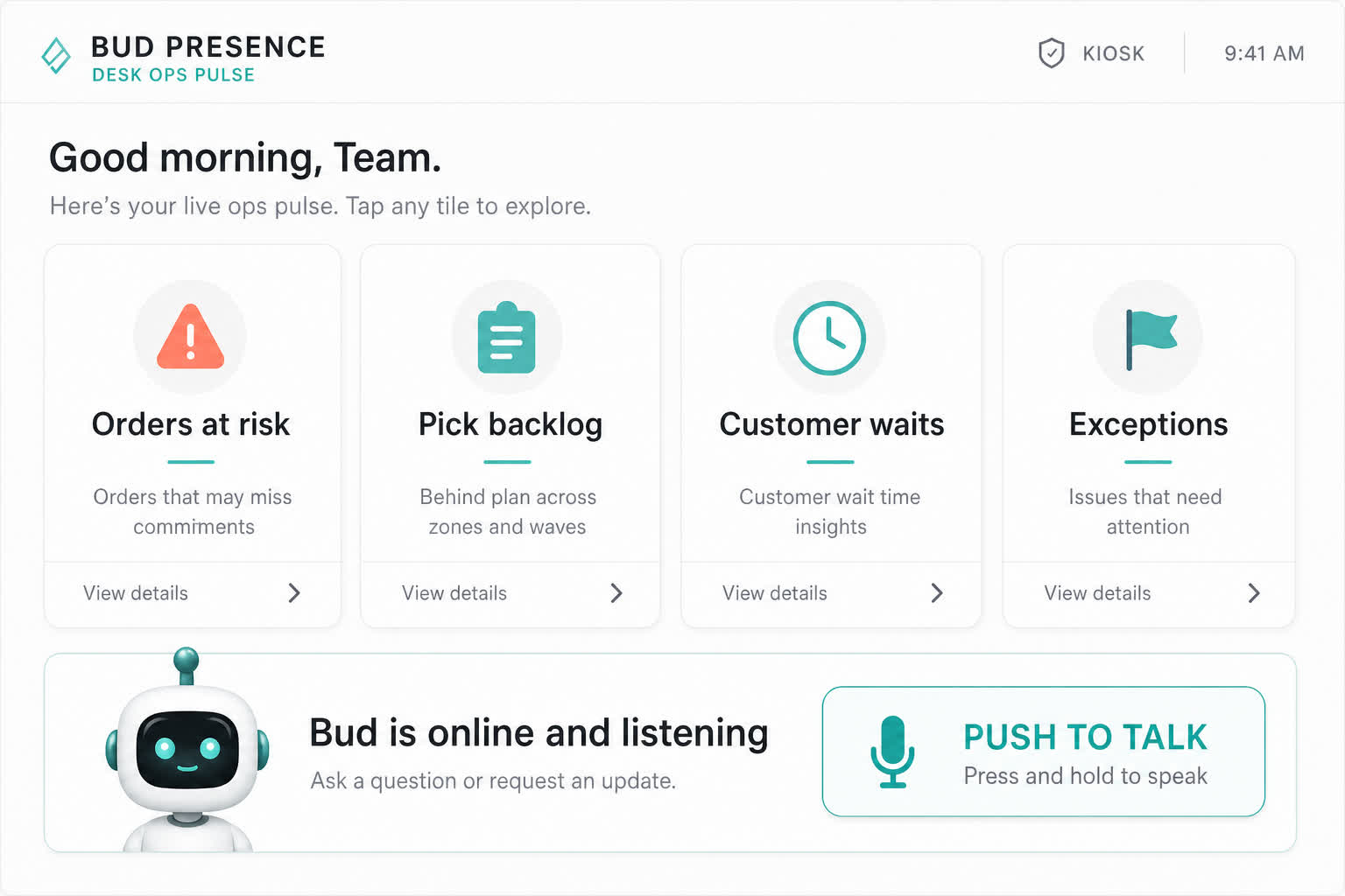 Bud Presence desk ops pulse with tiles for orders at risk, pick backlog, customer waits and exceptions, plus Bud listening