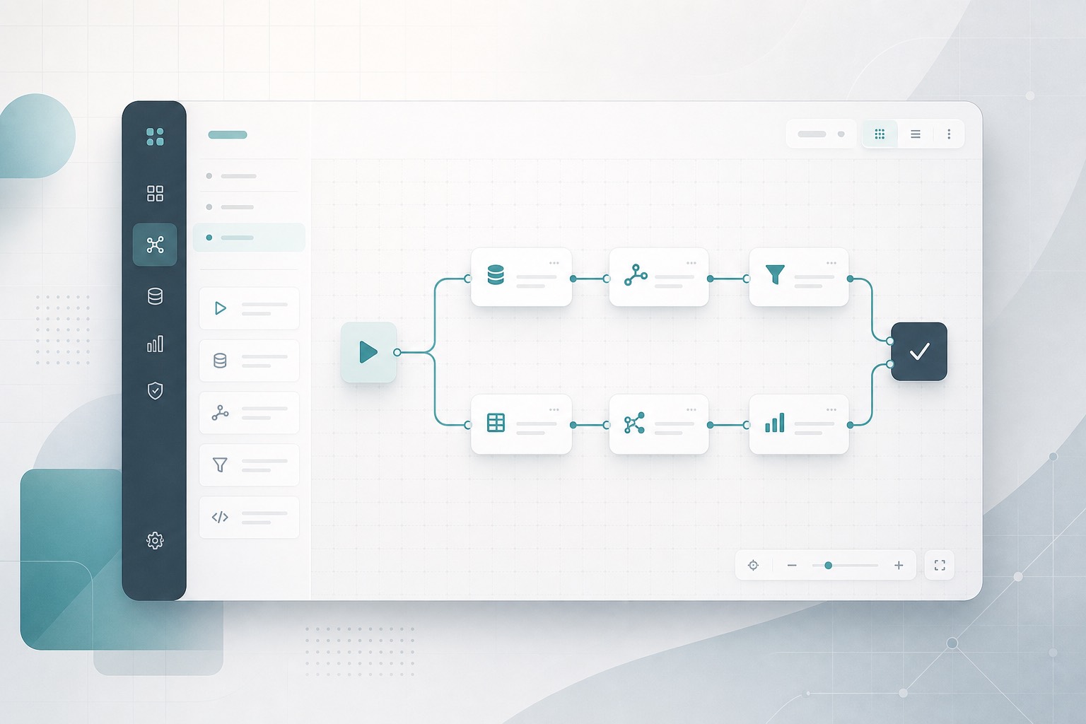 Flow Studio process canvas: a visual flow of trigger, system joins, and completion nodes