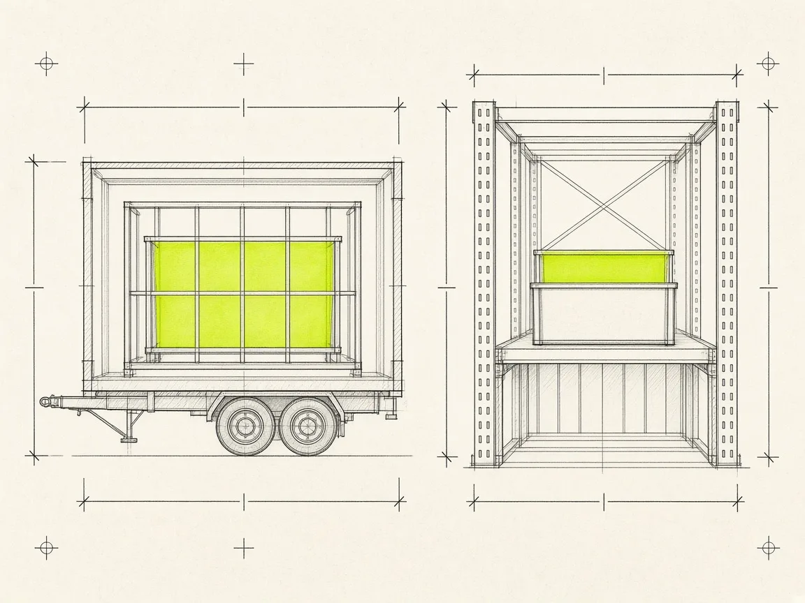 Section drawing of a cage inside a trailer beside a bin nested in racking, showing location as containment.