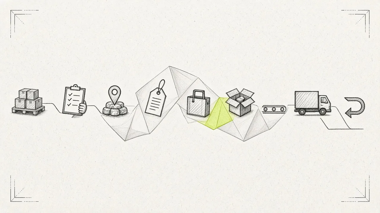 Folded sequence of warehouse events from inbound through pick, pack, dispatch and return.